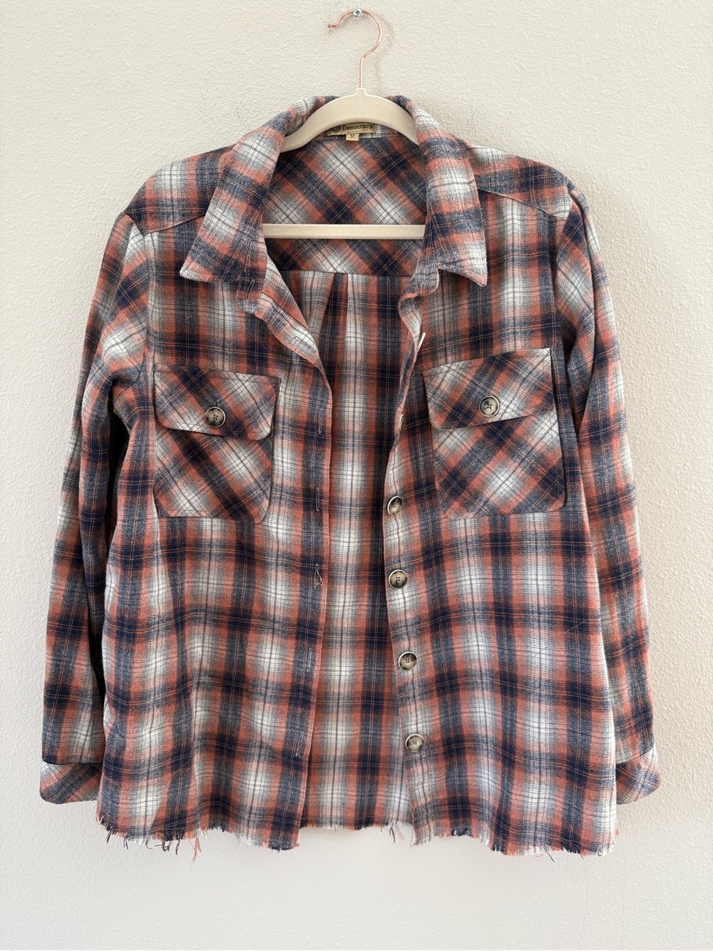 Democracy Plaid Button Down Flannel in Rust and Navy Raw Hem Medium